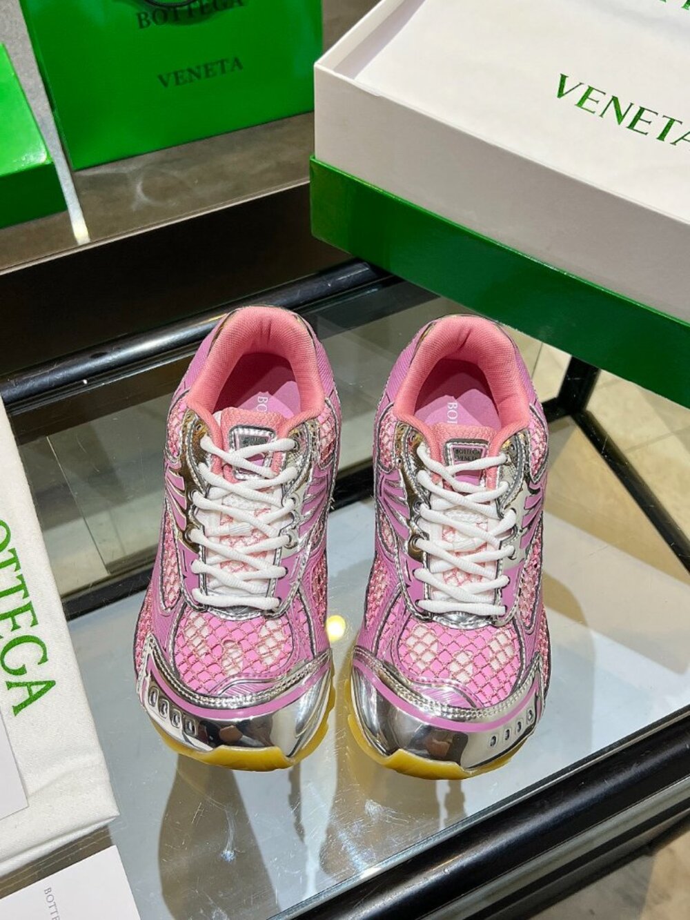 Bottega Veneta Pink Mesh Silver Metallic Toe Orbit Low Top Chunky Sneakers